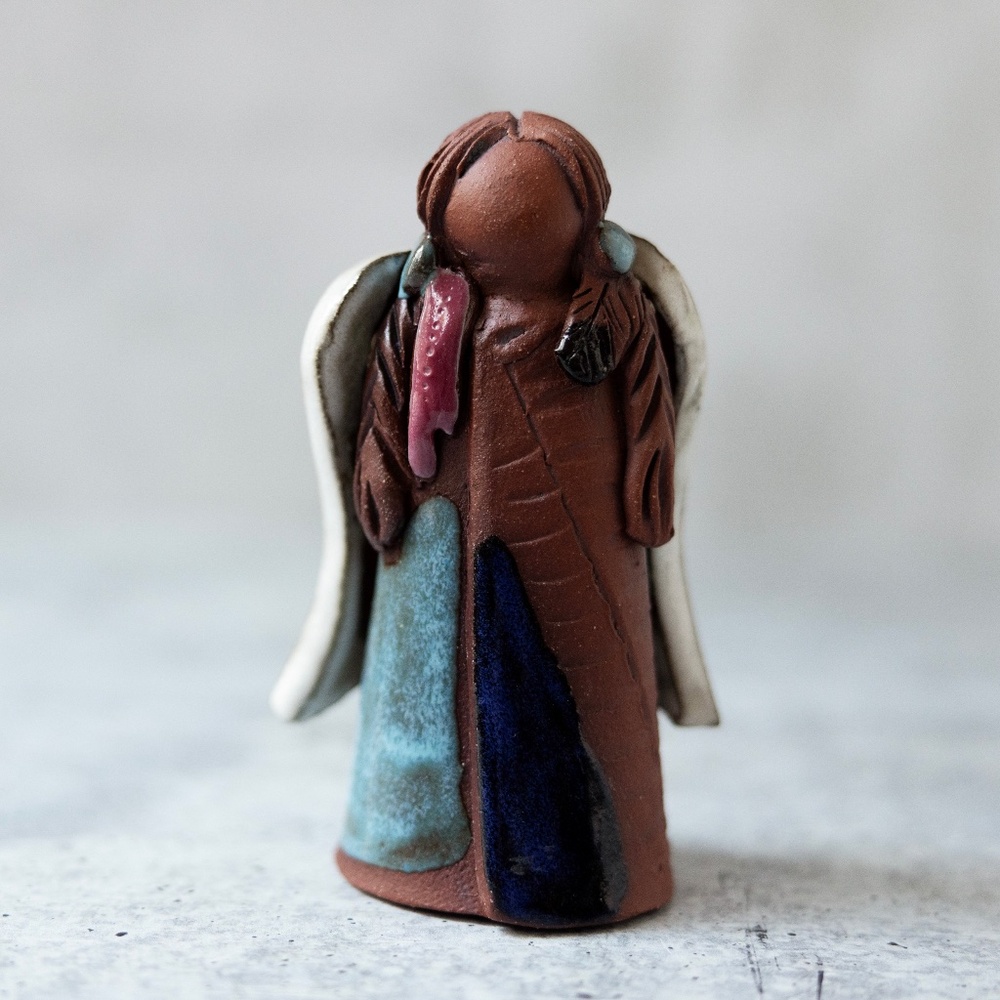 Native American Red Clay Sculpted Angel Figurine Pottery Glazed Unglazed Signed